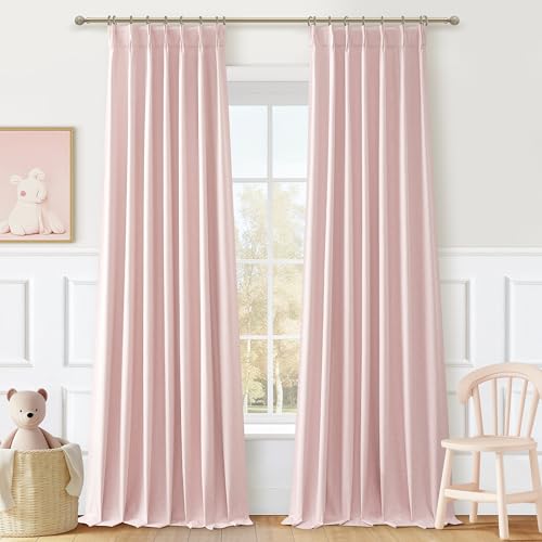 Image of Pink Blackout Thick Linen Drapes 108 Inches Long 2 Panels Set for Bedroom, Extra Long Pinch Pleated Floor to Ceiling Boho Curtains Room Darkening Privacy Ceiling Track Burg for 108 Inch Large Windows