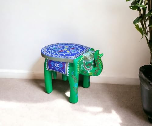 Image of Hand-Crafted and Colorful Emboss Painted Wooden Elephant Shape Stool Cum Gardan Table,Decorative Showpiece (8 Inches Height, Green)