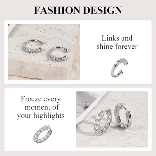 Bettsparks Women's Silver Earrings Fashion Jacket Stud Earrings Stacking Small Hoop Huggie Earrings Set for Multiple Piercing Everyday Ear Cartilage Earrings (Silver+Silver) — view 6