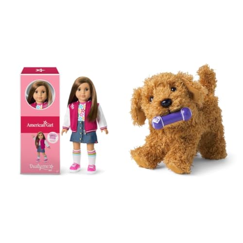 Image of American Girl Truly Me 18-inch Doll #107 with Brown Eyes, Straight Brown Hair, Light-to-Medium Skin + Pet Daffodil Doodle Dog with Magnetic Mouth to Hold Her Barbell Toy, for Ages 6+ Bundle