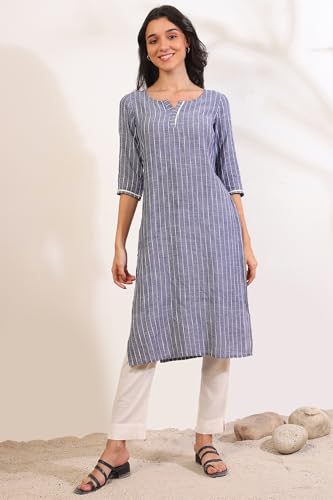 Image of Aurelia Women's Grey Yarn Dyed Cotton Blend Straight Kurta
