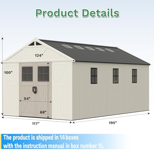 Image of Greesum 10x16FT Resin Outdoor Storage Shed with Floor, Plastic Sheds, Beige