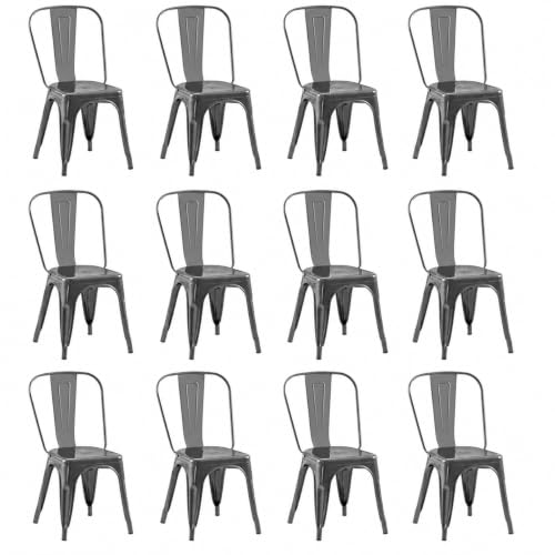 Image of Metal Dining Chairs with Backrest, Stackable, Gray, 12 Pack | Easy Assembly, Non-Slip Feet, 330 lb Capacity, Kitchen, Restaurant, Cafe, Pub, Covered Patio