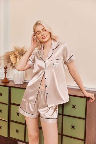 Image of Ekouaer Silk Pajamas for Women Funny Teddy Sleepwear Comfy Short Sleeve Button Down Loungewear Satin Pjs Shorts Set,Champagne Teddy,S