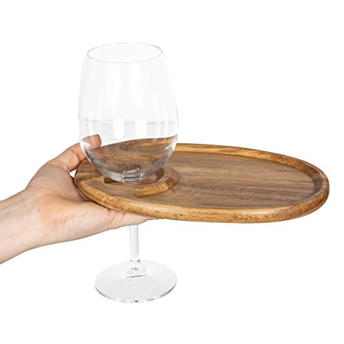 Toscana - A Picnic Time Brand - Wine Appetizer Plate Set Of 4 - Cocktail Plate With Glass Holder - Cheese Board With Wine Holder, (Acacia Wood) #TOP6