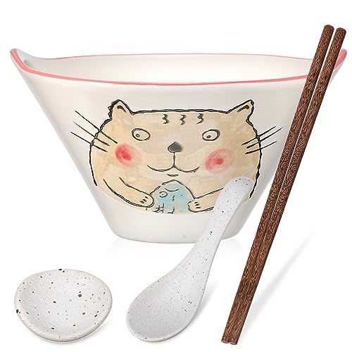 Kichvoe Ceramic Ramen Bowl Set 20CM/7.7Inch Porcelain Noodle Bowl with Chopsticks & Spoon Pho Bowl Soup Bowl Large Noodle Bowls