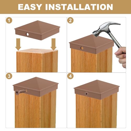 WOPPLXY 4 Pack 4x4 Aluminum Pyramid Post Caps Cover for 4x4 Nominal Wood Post (Actual 3.5'' x 3.5''), Deck Post Caps with Screws for Outdoor Fence Deck Mailbox Dock Posts(Brown) by WOPPLXY - Used condition - Image 4