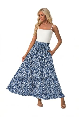 Image of QIXING Women’s High Waist Flowy Long Maxi Skirt Boho Elastic Tie Waist with Pockets Summer Casual A-Line(Blue White Flower, L)