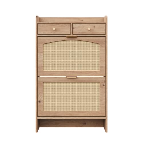 Armadio Scarpe 65cm Rattan, 2 ribaltabili, 2 cassetti, Legno