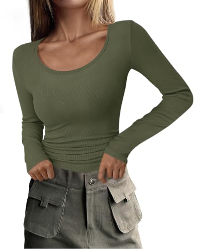 Image of PLOKNRD Women's Ribbed Scoop Neck Long Sleeve Slim Fit Top Green XS