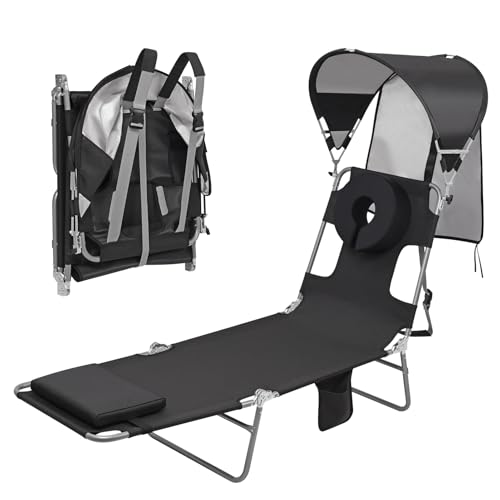 Backpack Beach Tanning Lounge Chair with Canopy Shade Face Hole Padded Adjustable Washable, 6 Position Layout Chair for Outside Sunbathing Poolside Lawn, UPF 50+ Wind-Resistant Sun Shade, Patented