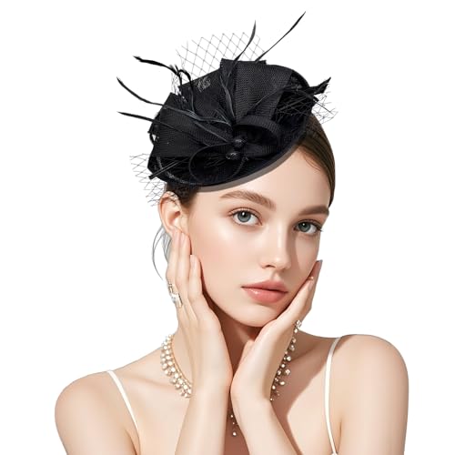 Clorallinvey Fascinators Hat for Women Elegant Fascinators for Weddings Royal Ascot Pillbox Wedding Cocktail Tea Party Derby Hat Wedding Hair Accessory Party Gifts (Black)
