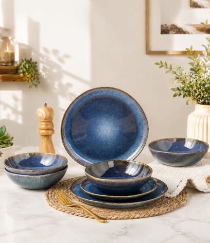 Image of AmorArc Ceramic Dinnerware Sets for 6, 18Pcs Plates and Bowls Sets Dishes | Stoneware Handmade Reactive Glaze Dinner Set, Highly Scratch Resistant | Dishwasher & Microwave Safe Dishware