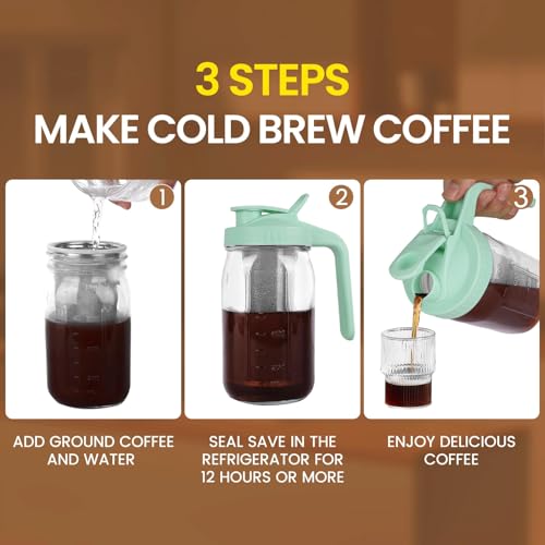 Image of Cold Brew Coffee Maker,32 oz Mason Jar Pitcher with Stainless Steel Filter, Pour Spout Handle Lid, Heavy Duty Glass Airtight & Leak-Proof Pitcher for iced coffee Tea Lemonade-Green