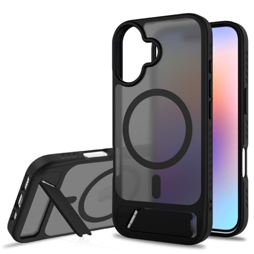 Bruzaio iPhone 17 用 ケース 45°隠れスタンド【強化フィルム2枚付き】Magsafe対応・米軍規格 いphone17 ケース 半透明 耐衝撃 指紋防止 滑り止め マグネット搭載 ワイヤレス充電 耐久性 全面保護 黄ばみなし あいほん17スマホケース 6.3インチ用，ブラックの商品画像（Amazon）