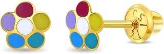 14k Yellow Gold Multicolored Petite Petal Flower Toddler Earrings - Children's Floral Earrings For Everyday Wear - Colorful Studs For Toddler And Little Girls