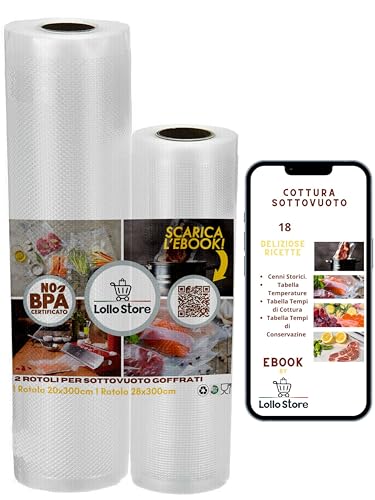 2 Rotoli Sacchetti Sottovuoto Alimenti - 1 da 28x300cm, 1 da 20x300cm - Buste Sottovuoto Alimenti Bpa Free con Ricettario per Sous Vide in Ebook – Buste Goffrate Sottovuoto Alimenti