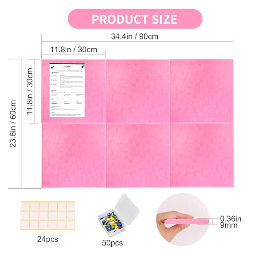 Vuzvuv Pink 35.4"x23.6" Large Cork Board with 50 Push Pins, Self-Adhesive Bulletin Board No Damage for Wall, Felt Pin Board for Paste Notes, Photos, Schedules Offices Home(6 Pcs 11.8x11.8 Inch) - Thumbnail 2