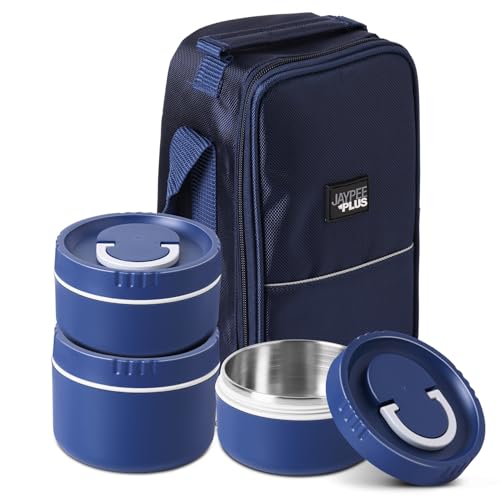 Image of Jaypee Plus Snackpac Airtight Leakproof Container 1300 ml Lunch Box with Bag for School, Office, Ideal for Snacks and Meal, Keeps Food Hot & Fresh Inner Stainless Steel Easy to Carry Handle, Blue