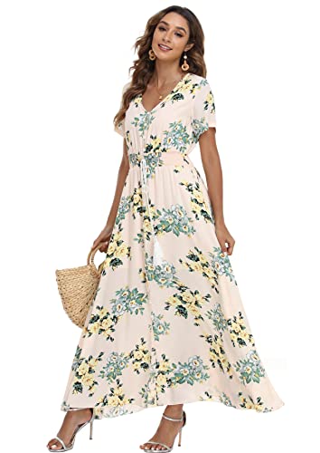 Image of VintageClothing Women's Floral Maxi Dresses Boho Button Up Split Summer Casual Long Dress Beach Party Dress
