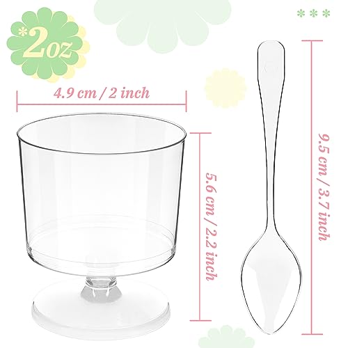 100 Pack 2 OZ Mini Dessert Cups with Spoons, Reusable Plastic Wine Cups Small Clear Party Serving Cups for Parfait Appetizer Pudding MousseTasting - Thumbnail 2