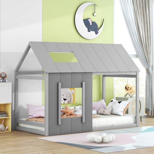 Sweiko Cadre de lit Enfant 90x200 cm, Lit Maison avec Toit et Fenêtre, Lit Adolescent à Lattes (Matelas non inclus) (Gris)