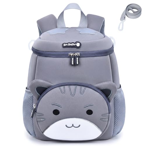 Aulenge Ultra-Waterproof School Backpack - Cute Animal Cat Design Diving Fabric Kids Bags Backpack With Anti Lost Leashes Grey