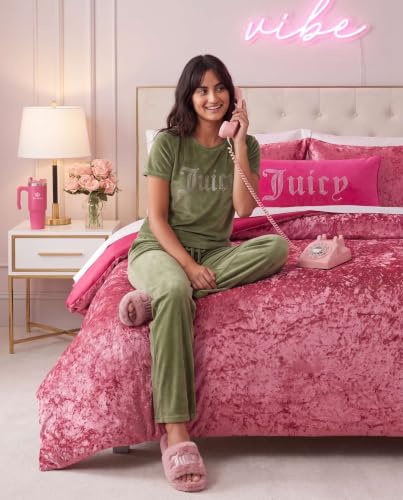 Image of Juicy Couture Women's 2 Piece Velvet Fleece Short Sleeve Shirt and Pants Lounge Sleepwear Set