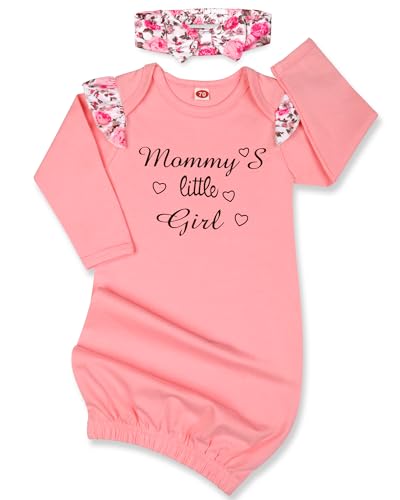 Image of Mikccer Newborn Baby Gown 0-6 Months Girl, Soft Breathable Little Sister Sleeper Gowns, Babies Girl Coming Home Outfit Infant Nightgowns with Headband Set