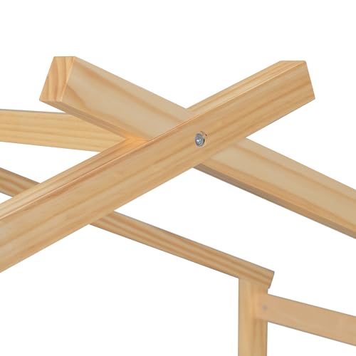 Image of Twin Size Creativity House Bed with Roof Frame and Twin Size Trundle, Montessori Wooden Platform Bed with Sturdy Slats Support for Kids Teens Girls Boys, No Box Spring Needed (Natural-02, Twin)