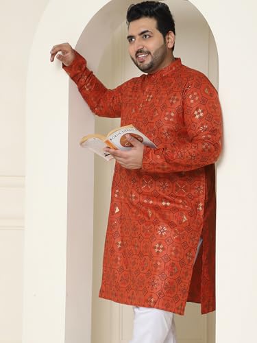 Sojanya Plus (Since 1958) Men's Cotton Linen Orange And Multi Printed Only Long Kurta