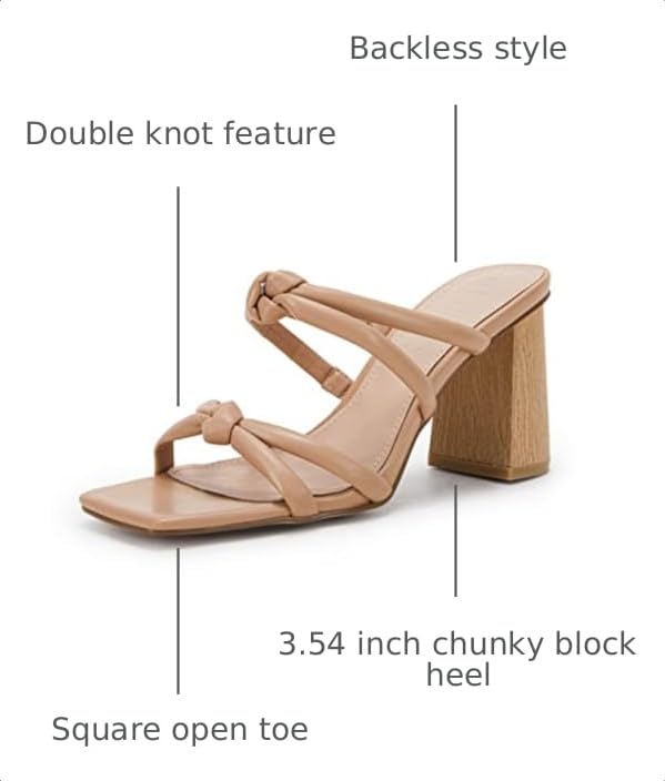 Image of LAICIGO Womens Chunky Block Heels Sandals Square Open Toe Slip on Slides | 3.5In-High Heeled Sandals, Double Knot Strap, Summer Dress Shoes, Work Casual, Vacation, Party