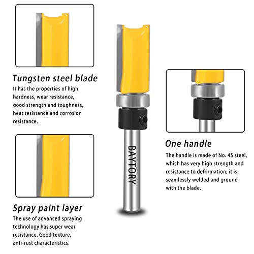Baytory Professional Pattern Flush Trim Router Bit Set With 1/4 Inch Shank, 4Pcs 1/2" Cutting Diameter Carbide Bits With Top Bearing Prevent Tear-Out, Template Guide Woodworking Milling Cutter Tool #TOP2