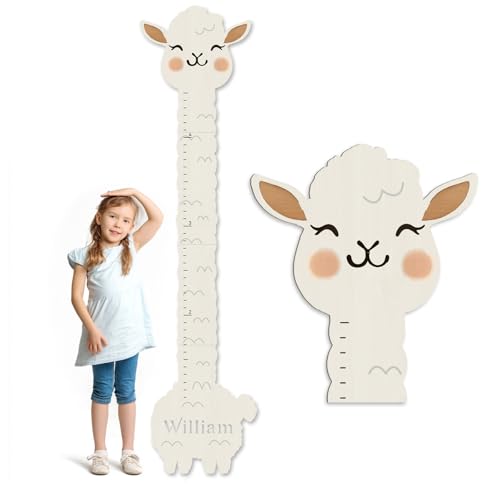 CHARMIBLE Personalised Wooden Print Height Chart for Kids, Custom Name Wall Hanging Measuring Ruler for Child, Removable Wood Baby Measuring Wall Chart for Bedroom Nursery Wall Decoration (Alpaca)
