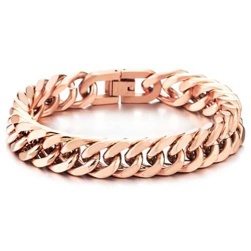 COOLSTEELANDBEYOND Mens Stainless Steel Cuban Chain Curb Chain Bracelet, Rose Gold, Satin Finish
