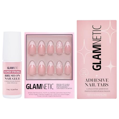 Glamnetic Press-On Nails - All Time Love | Super Strong Brush On Nail Glue & Nail Adhesive Tabs | Short Almond Fake Nails with French Tips and Leaf Accents | 15 Sizes - 30 Nail Kit with Glue & Nail T