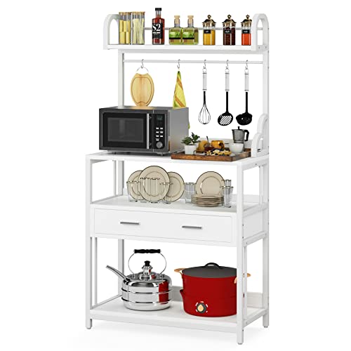 Tribesigns Kitchen Bakers Rack with Storage and Drawer, 5-Tier Modern Microwave Stand Rack with Hutch, Freestanding Utility Storage Shelf Organizer with Hooks, White Tribesigns Kitchen Bakers Rack with Storage and Drawer, 5-Tier Modern Microwave Stand Rack with Hutch, Freestanding Utility Storage Shelf Organizer with Hooks, White