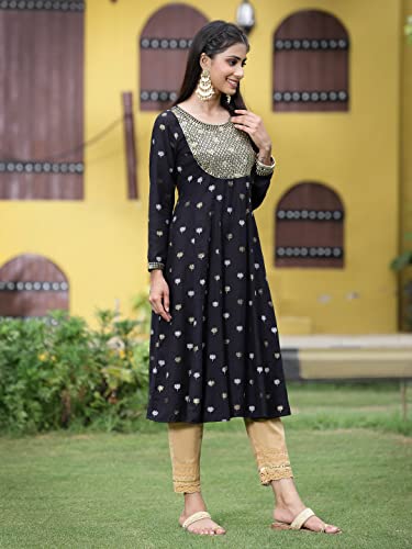Image of Juniper Women's Rayon Foil Printed Anarkali Flared Kurta