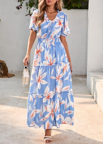 KIRUNDO Spring Summer Wedding Guest Dresses for Women 2026 Boho Floral Short Sleeve V Neck Ruffle Tiered Flowy Maxi Dress(Sky Blue, XX-Large) — view 3