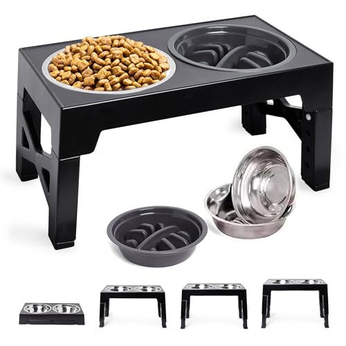 DicePro Raised Dog Bowl – Elevated Dog Bowl Feeder with 2 x 1.5L Stainless Steel Bowls & Slow Feeder – Adjustable Height – Non-Slip Stand – Easy to Clean – for Small, Medium & Large Dogs (Black)