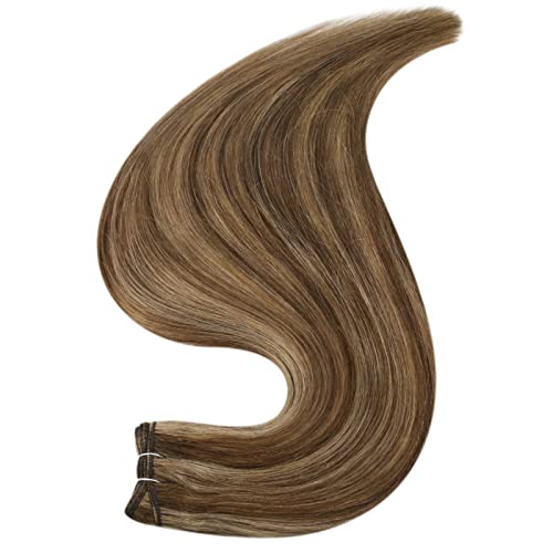 Image of Full Shine Weft Hair Extensions Human Hair Color Brown Highlight Honey Blonde Human Hair Extensions Sew In For Women Straight Human Hair