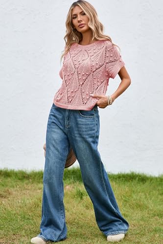 Image of Cakulo Womens Summer Crochet Boho Crop Tops Short Sleeve Lightweight Knit Sweater 2026 Beach Vacation Cruise Resort Wear