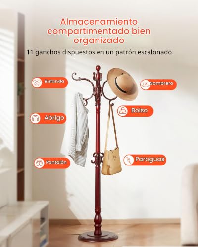 Miniatura 5 de Vevor Perchero De Pie Independiente De Madera Con Base Pesada Y 11 Ganchos, Ideal Para Entrada, Dormitorio Y Sala De Estar, Perchero Moderno Para Abrigos, Sombreros Y Bolsos, 420 X 420 X 1760 Mm
