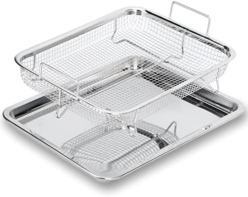 Ingcebo 13x9.6 Inch Stainless Steel Air Fryer Basket for Oven, Toaster Oven Crisper Tray, Air Fryer Basket for Convection Oven Cooking Baking Cooling, 2-Piece Set for Fries/Bacon/Chicken(Silver)