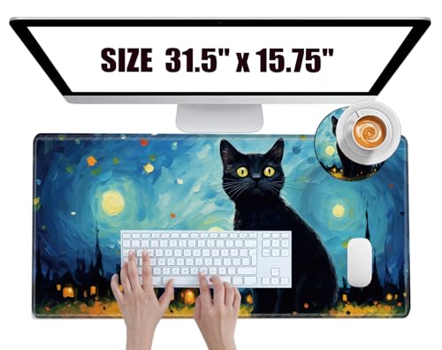 Image of Large Mouse Pad Gaming Desk Mat Black Cat Mousepad XXL 31.5''X15.75'' Desk Pad Extended Mouse Mat of Girl Desktop Computer with Coaster