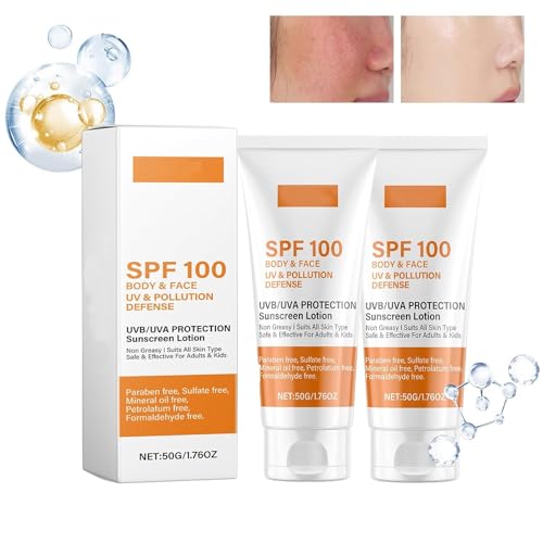 CrèMe Solaire Spf 100, Lotion Solaire Spf 100, Lotion Solaire Avec Protection Uva/Uvb, CrèMe Solaire Hydratante Et Anti-âGe Visage Et Corps, Non Grasse, Waterproof (2PCS)