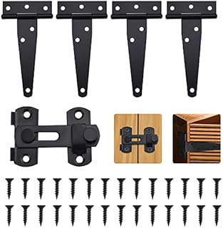 LYTIVAGEN 4 PCS Heavy Duty Tee Hinges T Strap Hinges Metal Tee Hinges Gate Strap Hinge Rustproof T Hinges Metal Door Hinge with 1 Stainless Steel Door Catch 28 Screws for Windows, Fence, Sheds, Barn