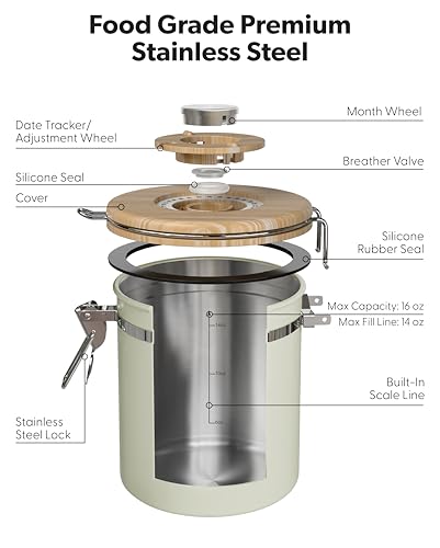 Image of Veken Coffee Canister with Window, Airtight Stainless Steel Container, 16OZ | Date Tracker,Kitchen Food Storage Organizers for Beans, Ground, Espresso, Rice,Tea, Sugar,Cereal, Gifts,Lids,Jars,Scoop,Cream