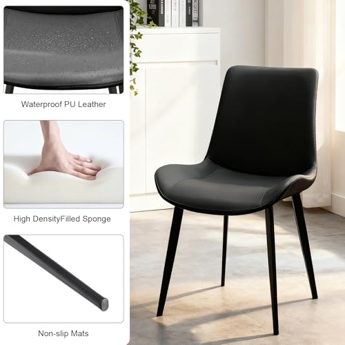Image of Black Dining Chairs Set of 4, PU Leather Dining Room Chairs, Upholstered Kitchen Chairs with Ergonomic Backrest & Sturdy Metal Legs, Perfect for Dining Room, Living Room, Black