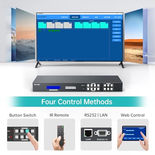 Image of MT-VIKI 4x4 4K Seamless HDMI Matrix w /Web GUI, Video Wall Controller 2x2 & Multiviewer w /PIP+ 3.5MM Audio Stereo, 4K@30Hz, Support 90 /180 /270 Rotation, Rack Mount HDMI Matrix Switcher Splitter